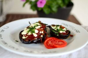 Baked Eggplants with Caramelized Onions and Tomato Sauce